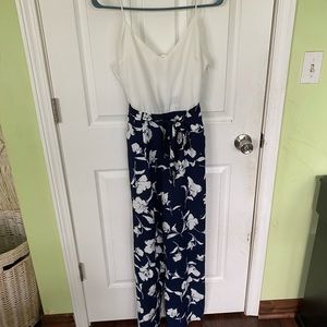 Everly White & Navy Floral Jumpsuit with Tie Belt